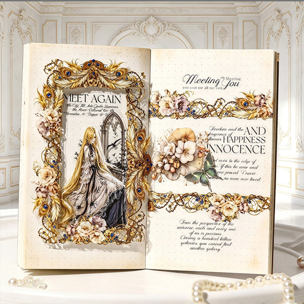 An open decorative book or journal displayed on a white surface, featuring ornate gold floral borders, vintage-style text, and an illustration of a woman with long hair. The background is a pale ornate interior wall with decorative molding.