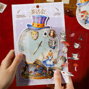Sticker book with Alice in Wonderland-themed stickers held by a hand on a red background