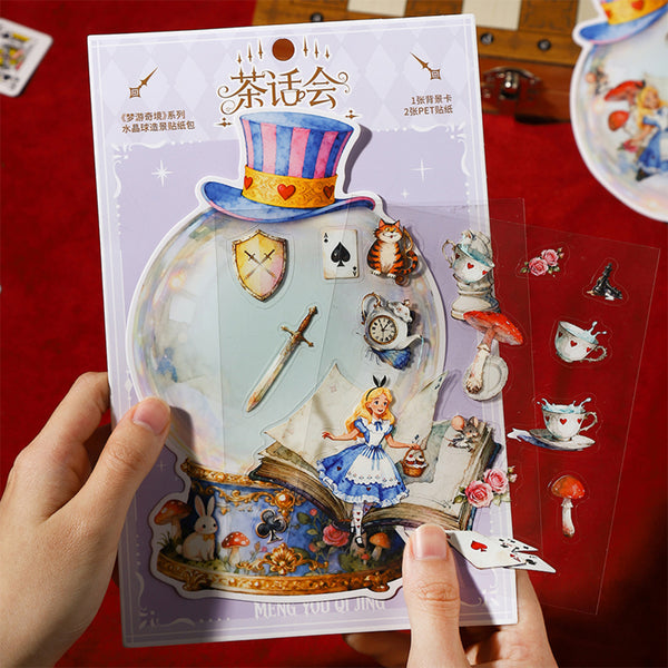 Sticker book with Alice in Wonderland-themed stickers held by a hand on a red background