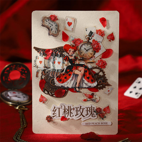 Decorative card with a character and decorative elements on a red background