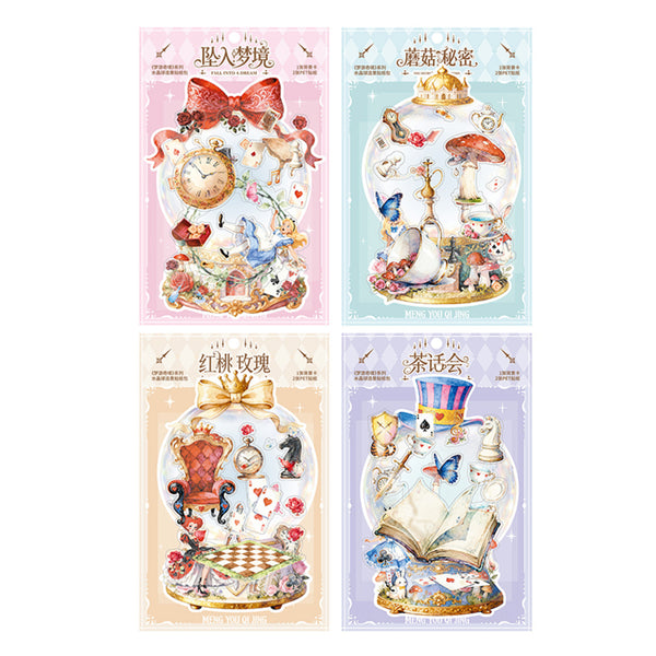 Four decorative sticker sheets with fantasy-themed designs on a white background.