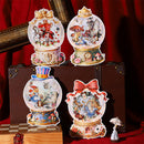 Set of decorative snow globes with intricate designs on a red background