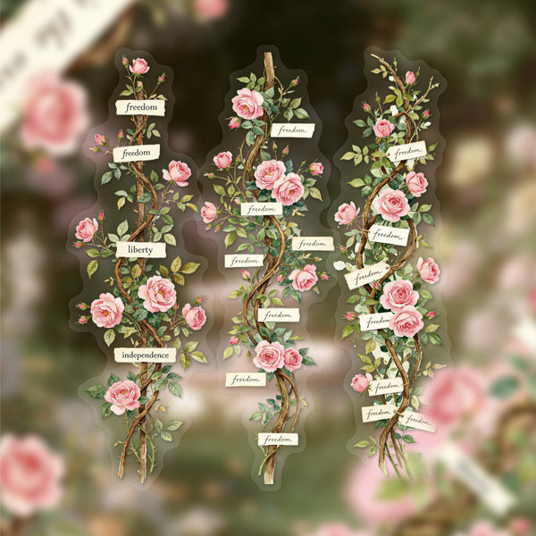 Three vertical floral designs on a blurred pink-and-green background, each showing pink roses, green leaves, and small white labels reading freedom, liberty, and independence.
