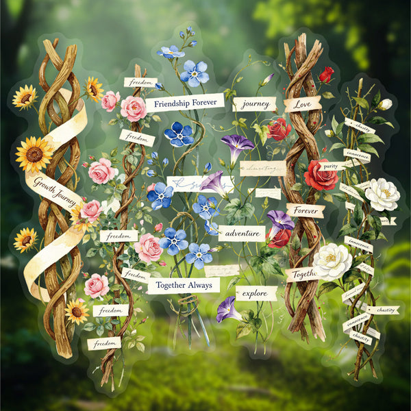 A decorative floral and vine illustration with twisted branches, sunflowers, pink and blue flowers, and small labels with words such as friendship, love, growth, journey, together, and forever, set against a blurred green natural background.