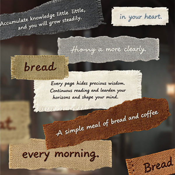 A collage of rustic paper strips with motivational quotes and words like 'bread', 'every morning', and 'in your heart' layered over a blurred warm background.