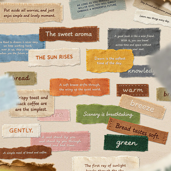 A collage of colorful textured paper strips with inspirational quotes and phrases, arranged on a light beige background.