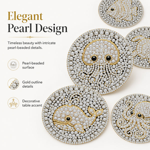 Elegant pearl-beaded octopus and fish jewelry pieces displayed on a clean off-white background with descriptive text highlighting pearl-beaded surfaces, gold outline details, and decorative table accents.
