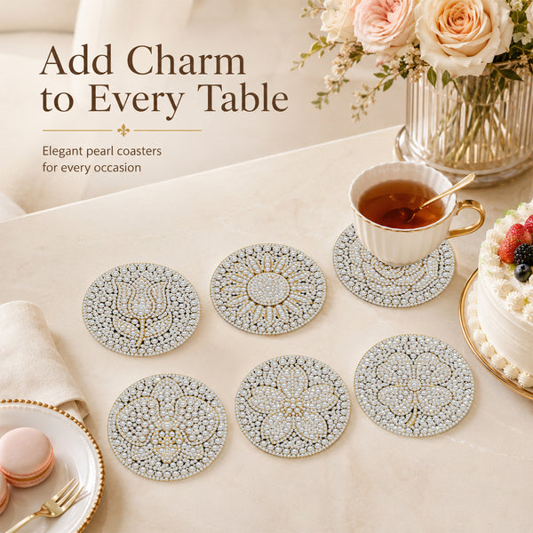 Six round pearl-bead coasters with floral and geometric patterns are arranged on a beige table alongside a teacup, cake, macarons, and flowers. Text on the image reads 'Add Charm to Every Table' and 'Elegant pearl coasters for every occasion.
