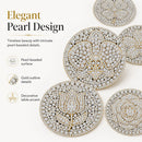 Elegant pearl-beaded jewelry pieces with intricate gold detailing, shown in a clean studio layout with descriptive text on a light background.