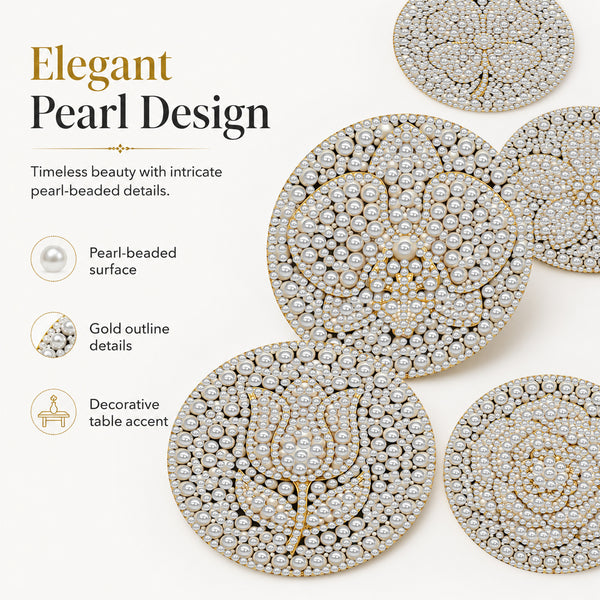 Elegant pearl-beaded jewelry pieces with intricate gold detailing, shown in a clean studio layout with descriptive text on a light background.