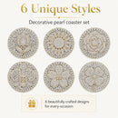 Six round decorative pearl coasters with intricate gold and white stone patterns, arranged in a 2x3 grid on a light cream background with promotional text reading '6 Unique Styles' and 'Decorative pearl coaster set.'.