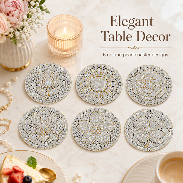 Six round pearl-embellished table coasters arranged on a light marble surface with decorative props including a candle, flowers, pearls, and a slice of cake. Text reads 'Elegant Table Decor' and '6 unique pearl coaster designs'.