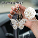 DIY pearl keychain featuring a butterfly-shaped charm covered in white faux pearls and gold rhinestones, shown on a keyring held in a hand inside a car. The image includes a circular inset showing pearls of different sizes and text overlays reading 'DIY Pearl Keychain' and 'Pearls of different sizes'.