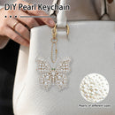 DIY pearl keychain featuring a butterfly-shaped charm embellished with white pearls and gold-tone metal, shown hanging from a white handbag. A hand is holding the bag, and a circular inset shows close-up pearls of different sizes.