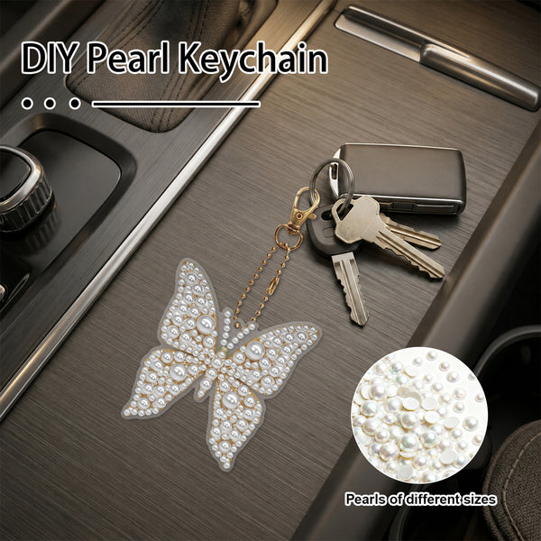 DIY pearl butterfly keychain shown on a car console next to keys and a key fob, with a circular inset showing pearls of different sizes.