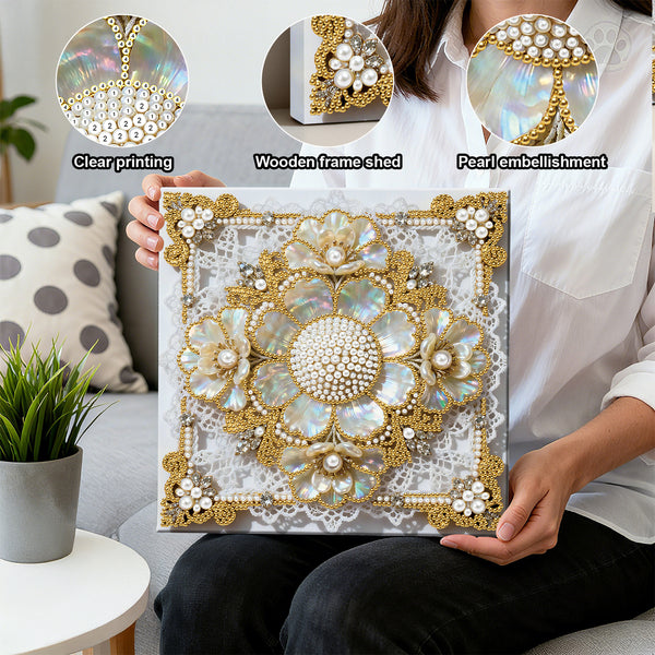 Person holding a decorative panel with pearl embellishments, surrounded by close-up details of clear printing, wooden frame shed, and pearl embellishment.