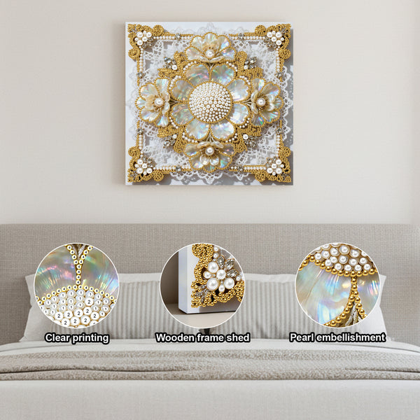 Decorative wall art with floral patterns and pearl embellishments on a neutral background.