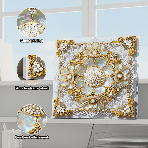 Decorative wall art with pearl embellishments and clear printing on a light blue background.
