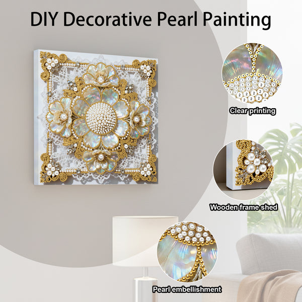 Decorative pearl painting kit with wooden frame and pearl embellishments on a neutral background.