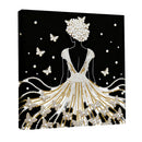 Canvas print of a woman in a beaded gown with butterflies on a black background