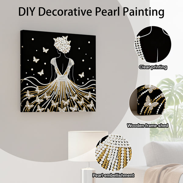 Decorative pearl painting with a woman in a dress surrounded by butterflies, on a black background.