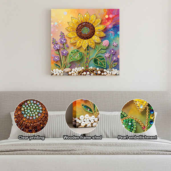 Decorative wall art with sunflower design on a gray wall, showing close-ups of clear printing, wooden frame shed, and pearl embellishment.