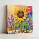 Decorative wall art with a sunflower and floral design on a colorful background