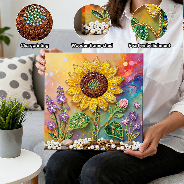 Person holding a diamond painting with various embellishment options shown above.