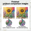 Comparison of a printed symbol image and a beautifully decorated pearl painting with sunflowers and flowers.