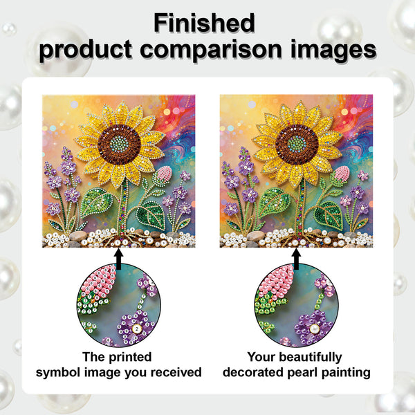 Comparison of a printed symbol image and a beautifully decorated pearl painting with sunflowers and flowers.