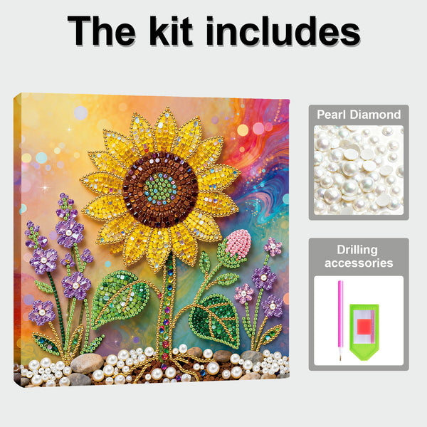 Decorative diamond painting kit with a sunflower design and pearl diamond components.