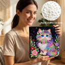 Woman holding a diamond painting kit with a colorful cat design, surrounded by pearls of different sizes.