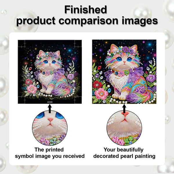 Comparison of a printed symbol image and a beautifully decorated pearl painting with a cat design.