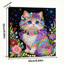 Colorful cat painting with floral decorations and measurements on a black background