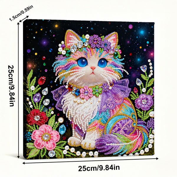 Colorful cat painting with floral decorations and measurements on a black background