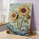 Decorative panel with sunflowers made of beads on a stand