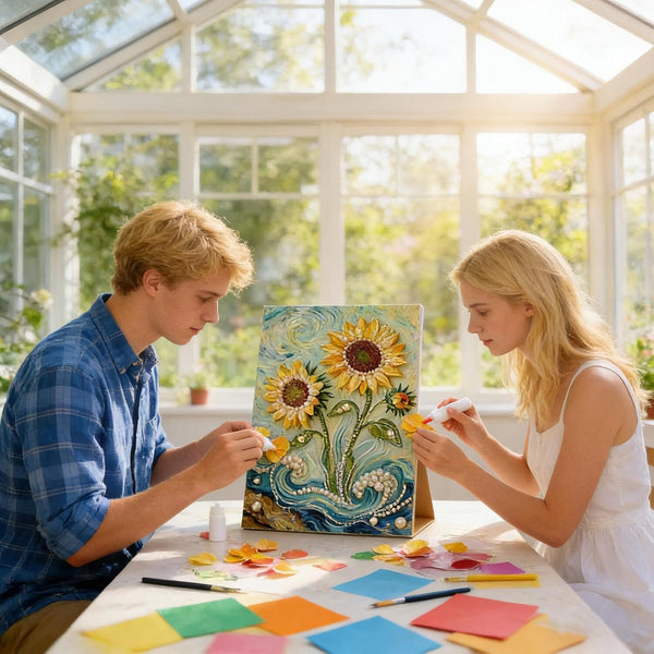 Two people working on a floral art project in a sunlit room with large windows.