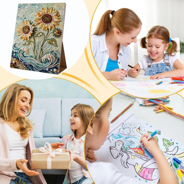 Collage of a woman and child with a diamond painting, coloring book, and gift exchange.