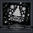 A square Christmas-themed decorative graphic with a black background, silver snowflakes, a silver Christmas tree made of circular embellishments, and the words 'Merry Christmas' in silver script. The design is framed by a dark border with pearl-like ornaments and a lower banner reading 'Merry Christmas'.