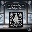 A square black canvas or print featuring a white decorative Christmas tree and snowflakes with the words “Merry Christmas,” displayed in front of snowy window panes. Decorative snowflakes and the text “Sparkling Holiday Charm” appear around the scene.