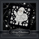 A square black Christmas-themed decorative piece featuring a white rhinestone-style Santa Claus surrounded by snowflakes, candy canes, gifts, stars, and bells, with a dark draped fabric background and a decorative border. A banner at the bottom reads “Merry Christmas.