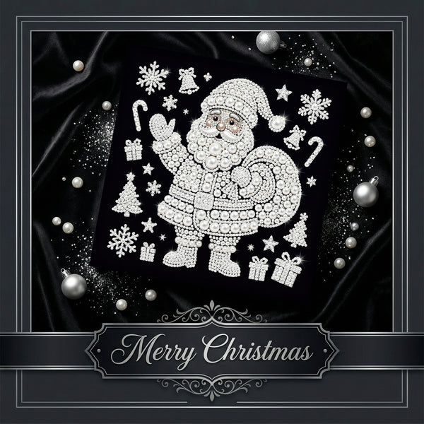 A square black Christmas-themed decorative piece featuring a white rhinestone-style Santa Claus surrounded by snowflakes, candy canes, gifts, stars, and bells, with a dark draped fabric background and a decorative border. A banner at the bottom reads “Merry Christmas.