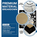 Promotional graphic for a premium canvas jewelry box, featuring a blue sidebar with text about premium material and features, alongside circular close-ups showing the pearl-like knit texture, canvas texture, and sturdy corner joint.