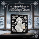 A square black holiday art print or canvas featuring a white snowman made of textured dots, surrounded by white snowflakes, displayed in front of a snowy window scene. A decorative header at the top reads 'Sparkling Holiday Charm' with snowflake motifs.