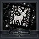 A square black fabric or decorative panel featuring a white rhinestone-style reindeer surrounded by snowflakes and swirl motifs, with a dark draped background and silver ornaments. A banner at the bottom reads “Merry Christmas.