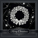 A decorative Christmas wreath design in sparkling silver tones with snowflakes, berries, and a bow, centered on a black draped background with pearl-like ornaments and a dark gray border. The words 'Merry Christmas' appear in an ornate banner at the bottom.