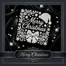 A square black Christmas-themed decorative design with white ornate lettering reading 'Merry Christmas,' a white hat motif, bow, stars, snowflakes, and scattered pearl-like highlights on a black draped background. A matching banner at the bottom also says 'Merry Christmas.