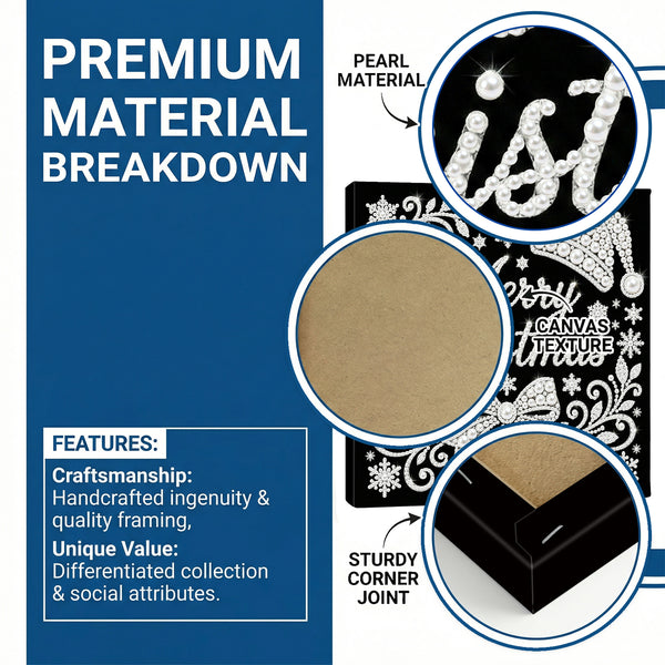Promotional graphic for a jewelry box with a blue left panel reading 'PREMIUM MATERIAL BREAKDOWN' and feature text, plus three circular callouts showing close-ups of the product: a pearl-textured detail, a tan interior swatch, and a corner joint detail. The box itself is black with white decorative script and floral patterns.