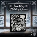 A square black canvas or plaque featuring white Christmas-themed artwork, including a Santa hat, bow, snowflakes, and the words “Merry Christmas,” displayed in front of a snowy window scene. Decorative snowflakes and the text “Sparkling Holiday Charm” appear around the product.