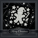 A black Christmas-themed square design featuring a white gingerbread man surrounded by stars, candy canes, ornaments, and glitter, with a banner at the bottom reading 'Merry Christmas' on a dark decorative frame.